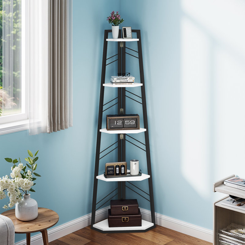 160 H × 35 W Corner Shelf Unit，Modern Ladder Shelving Unit, White/Black