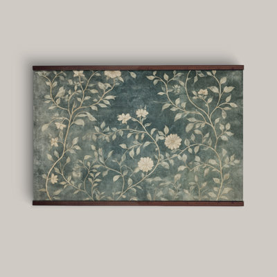 Tapisserie murale florale rétro - Art de style antique avec cadre en bois suspendu, vert et crème