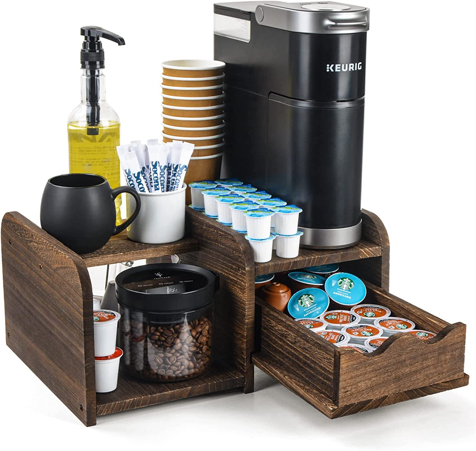 HOYRR K cup holder, K cup storage rack, coffee station coffee pods  organizer, 2-layer storage drawer K cup holder , K cup holder of wood and  iron,48