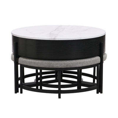 Table basse moderne à plateau relevable avec rangement et 3 repose-pieds blanc et naturel