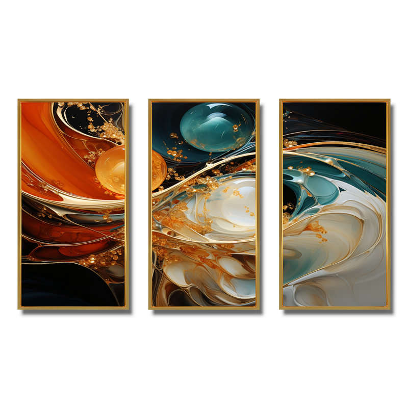 Planète vagues orange et or I - art mural abstrait, Cadre flottant doré, H 28 po x l 36 po x P 1 po