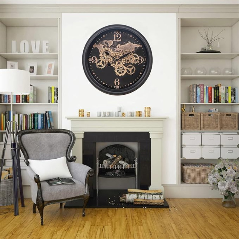 Horloge murale CLXEEST 24 pouces avec motif de carte du monde, grande horloge murale en métal doré noir pour décor de salon de campagne moderne, Reloj De Pared Para Sala
