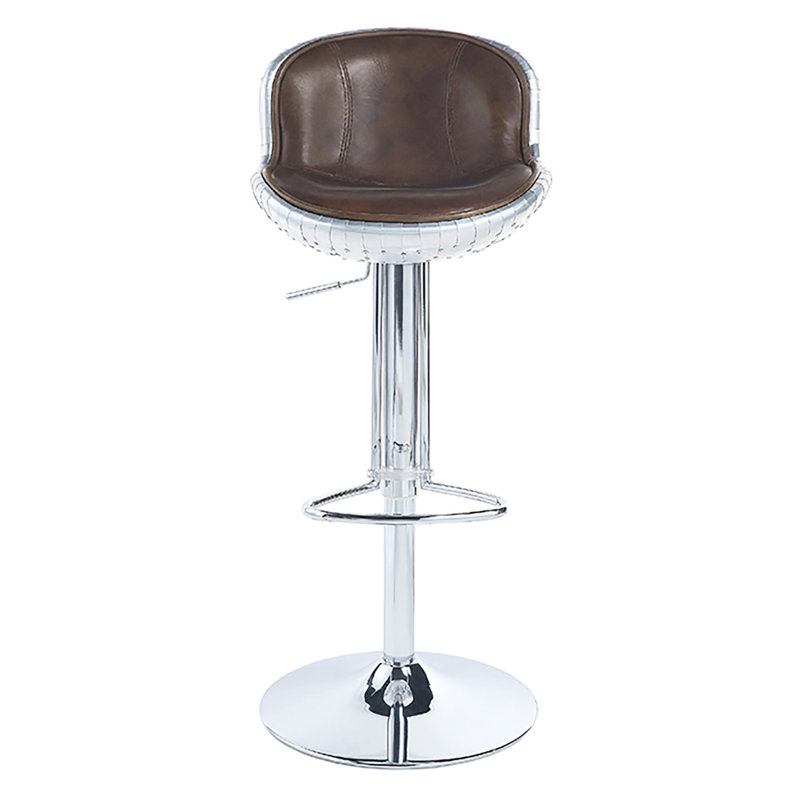 Tabouret réglable en cuir brun - thème rétro, patchwork d'aluminium, support en métal, ergonomique pour la salle à manger et avec fonction pivotante
