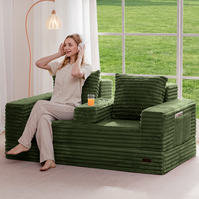 Boneless 4 In 1 Convertible Boneless Couch, Green, 21" H x 64" W x 37.8" D