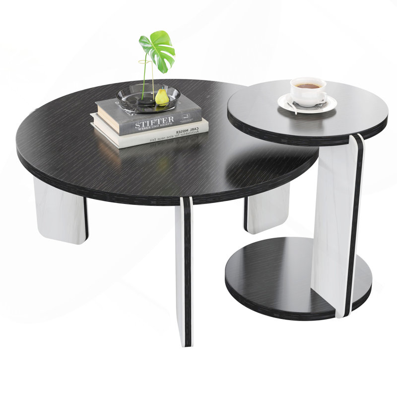 32.68" And 16.93" Round Coffee Table End Table Sofa Table Side Table Set With Black Oak Veneer Surface 25Mm MDF For Living Room Dinning Room Bedroom, Sintered Stone Legs Black, 83 + 43Cm Diameter
