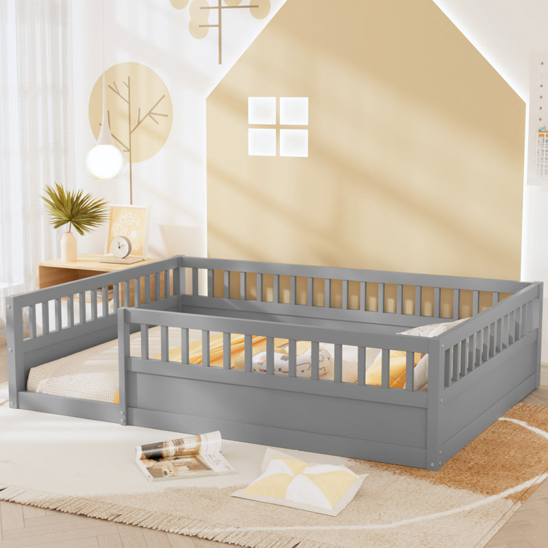 Floor Bed Frame With Fence, Wood Kids Floor Beds Frame For Bedroom Playroom, Gray, Full