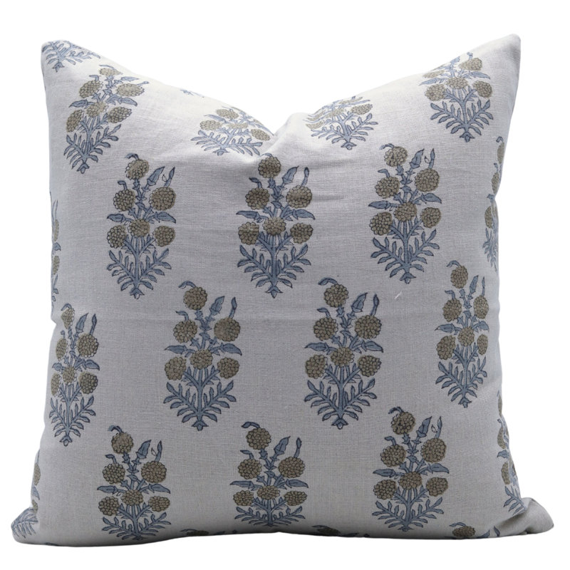 Housse de coussin en lin fabriquée à la main à motif de blocs Fabjine Hjara - 16 x 16 po, Carré, Motif floral vert