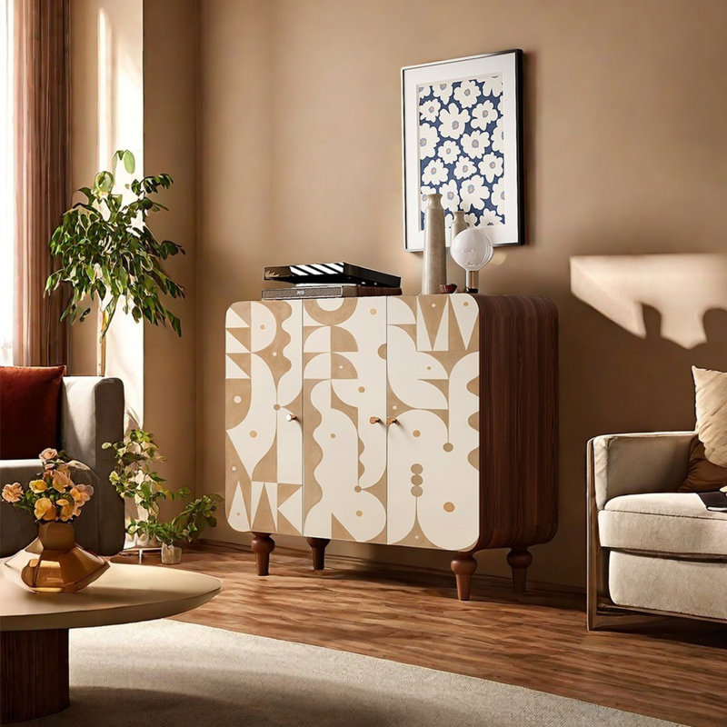 Modern art solid wood three-door sideboard, Nut-Brown