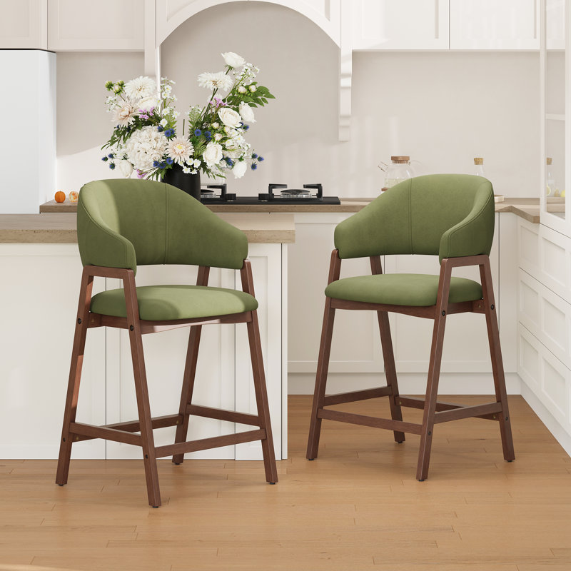 Tabouret de bar rembourré en bois massif, Vert, 2
