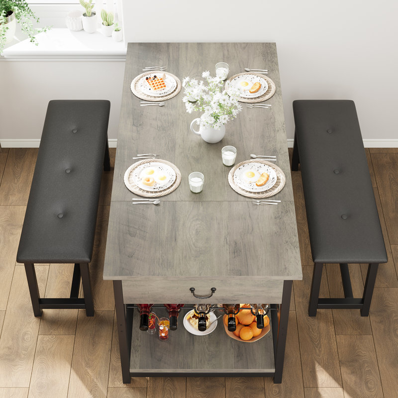 Dining Table Set for 4 with Storage Drawers and Wine Rack – Kitchen Dining Set with Upholstered Benches for Dining Room, Gray