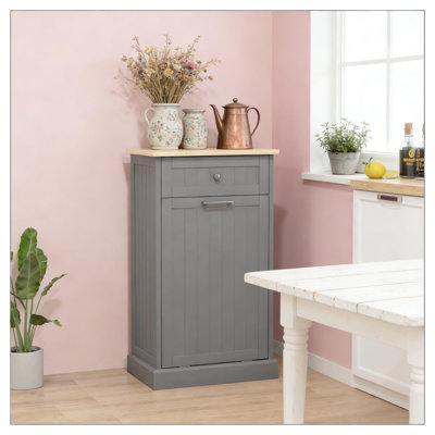 Tilt-Out Trash Storage Cabinet with Particle Board and MDF Construction, Gray and Oak Finish Kitchen Waste Bin Enclosure