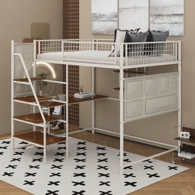 Full Size Loft Metal Bed With Charging Station And LED