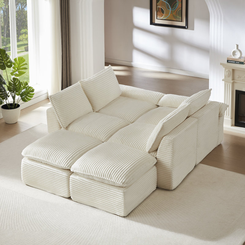 Stylish Corduroy Sectional Sofa, White Corduroy