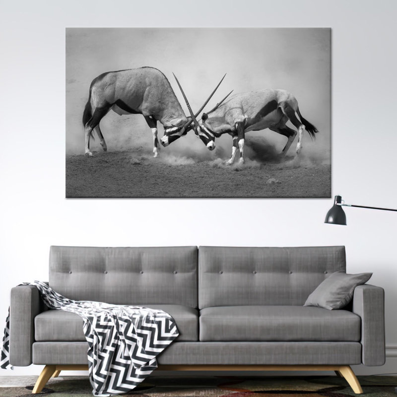 Oryx Antelope Fight, reproduction d'art sur toile, art de la faune africain monochrome, toile tendue 1P