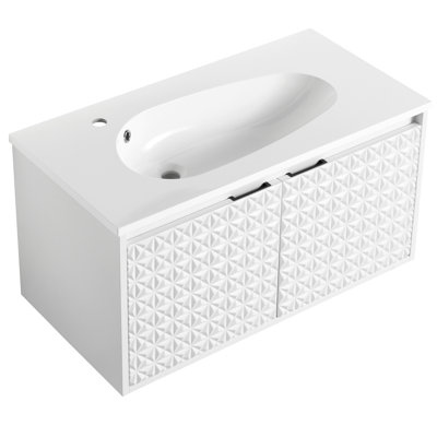 36" Single Hole Resin Drop - Shaped Bathroom Sink In Gloss White, 29.7 Lbs Net, No Cabinets Or Drainage Systems Package Sink, Overflow To Spills