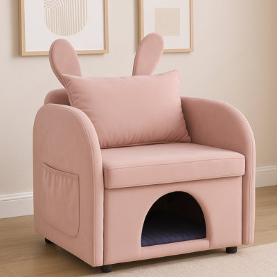Fauteuil moelleux en velours rose avec oreilles de lapin et cachette pour chat et chien, fauteuil moelleux à double usage avec poche latérale, 27,4 po x 25,2 po x 37,4 po