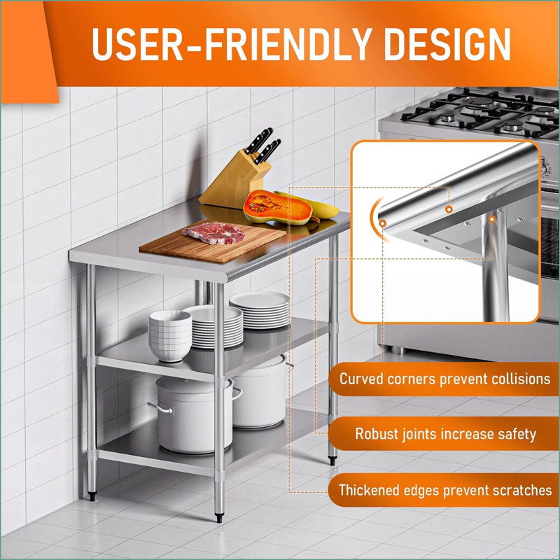 Table basse en acier inoxydable 24 po x 36 po avec 2 tablettes, facile à nettoyer et durable pour le garage de la cuisine