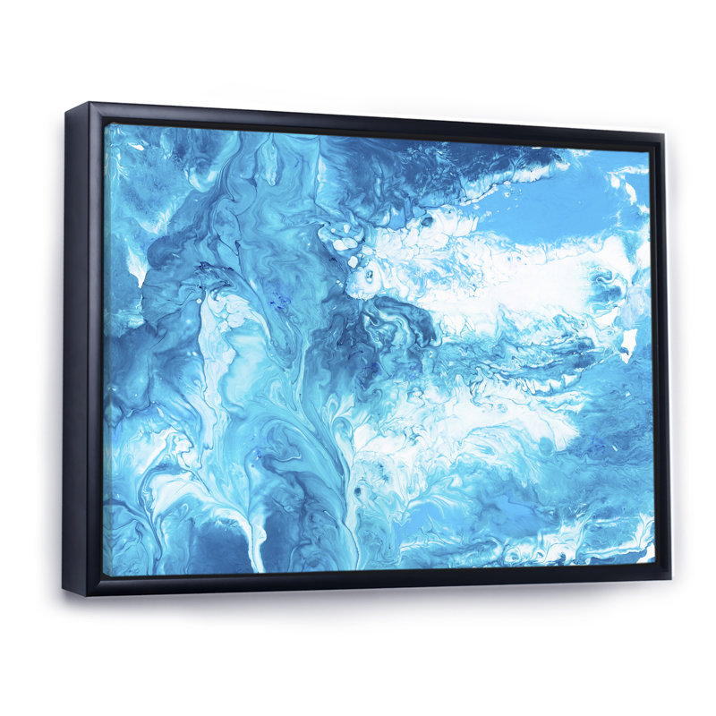 Art liquide en bleu clair et turquoise - Peinture sur toile, H 35 po x l 45 po x P 1,5 po, Cadre noir
