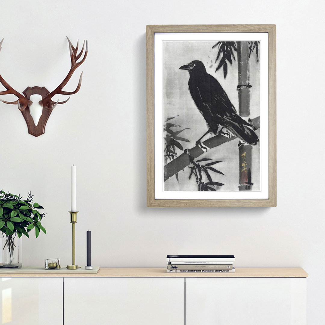 Crow on a Bamboo Branch by Kawanabe Kyosai - Framed Print