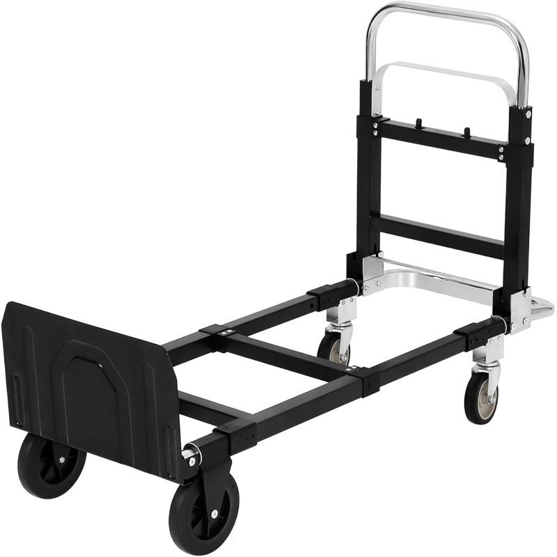 Chariot de transport manuel 2 en 1, chariot pliable avec roues de 660 lb, sangles élastiques, chariot escamotable en acier au carbone pour la maison, l'entrepôt, le magasin d'alimentation, le bureau