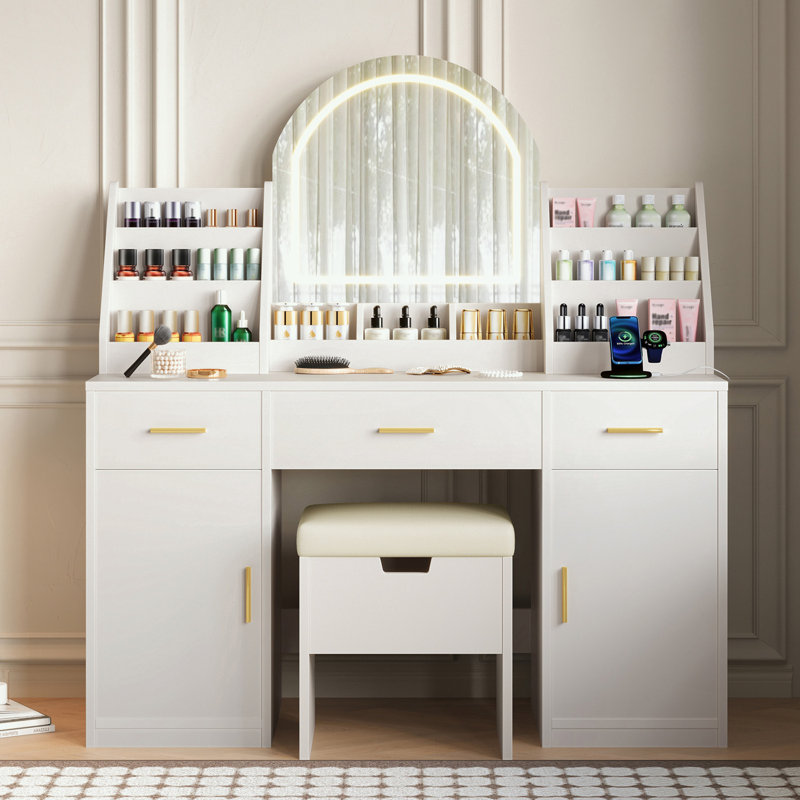 Coiffeuse de maquillage avec miroir, tabouret de rangement, 3 tiroirs et 2 armoires