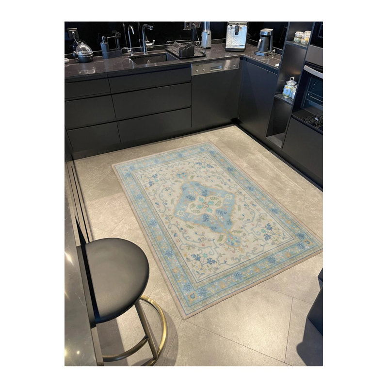 Blue Cream Starry Geometric Patterned Washable Woven Base Carpet, Rectangle 3'4" x 5'