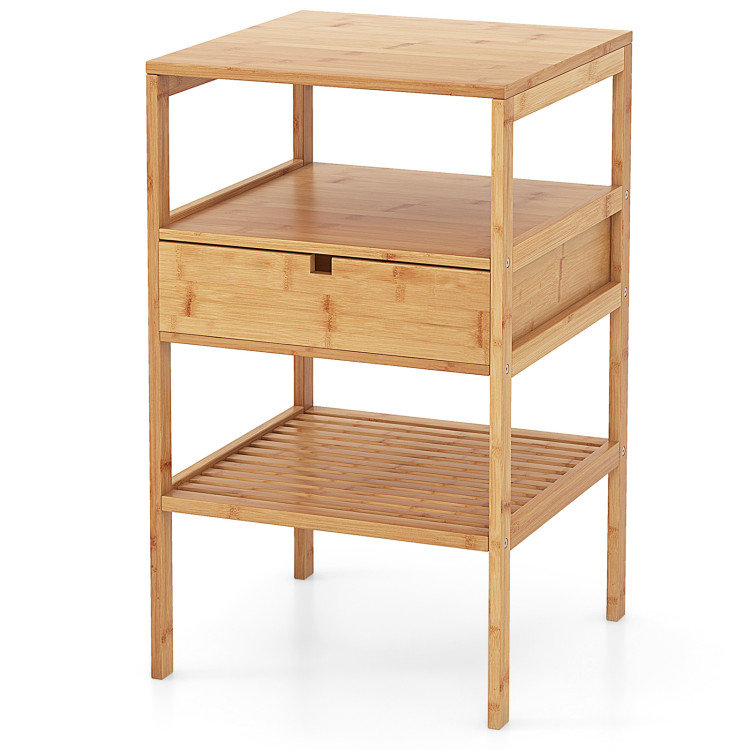 Nightstand Bamboo End Table with 2 Open Shelves and Drawer