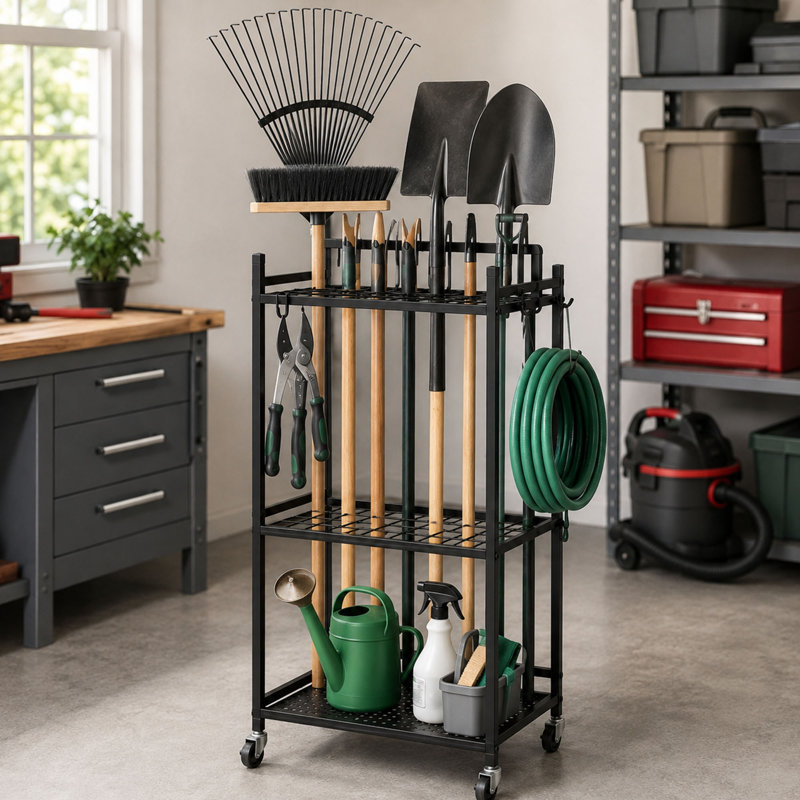 Porte-outils de jardin roulant, support de rangement métallique pour outils de jardin avec roulettes, crochets et pieds réglables