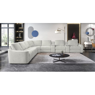 Calixta Upholstered Power Motion Modular 9-Piece 4-Recliner L-Sectional, with Wireless Charging & USB ports & Storage