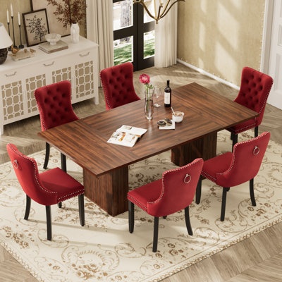 Wooden Farmhouse Dining Table Set, Rectangle Dining Table with Storage with Tufted Velvet Dining Chair for Dining Room