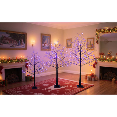 3 arbres avec lumières DEL mauves - arbres artificiels noirs de 4 pi, 5 pi et 6 pi pour la décoration intérieure de maison hantée, pièce en vinyle ignifuge éclairée, centres de table mystérieux lumineux, branches protégées