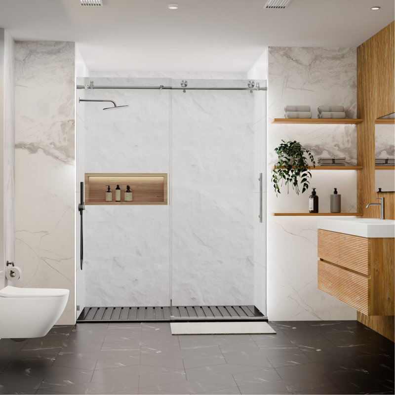 Porte de douche coulissante pour salle de bain, l 56 à 60 po x H 76 po, verre trempé épais de 5/16 po et 8 mm d'épaisseur, nickel brossé, imperméable, mécanisme silencieux pour salle de bain silencieuse