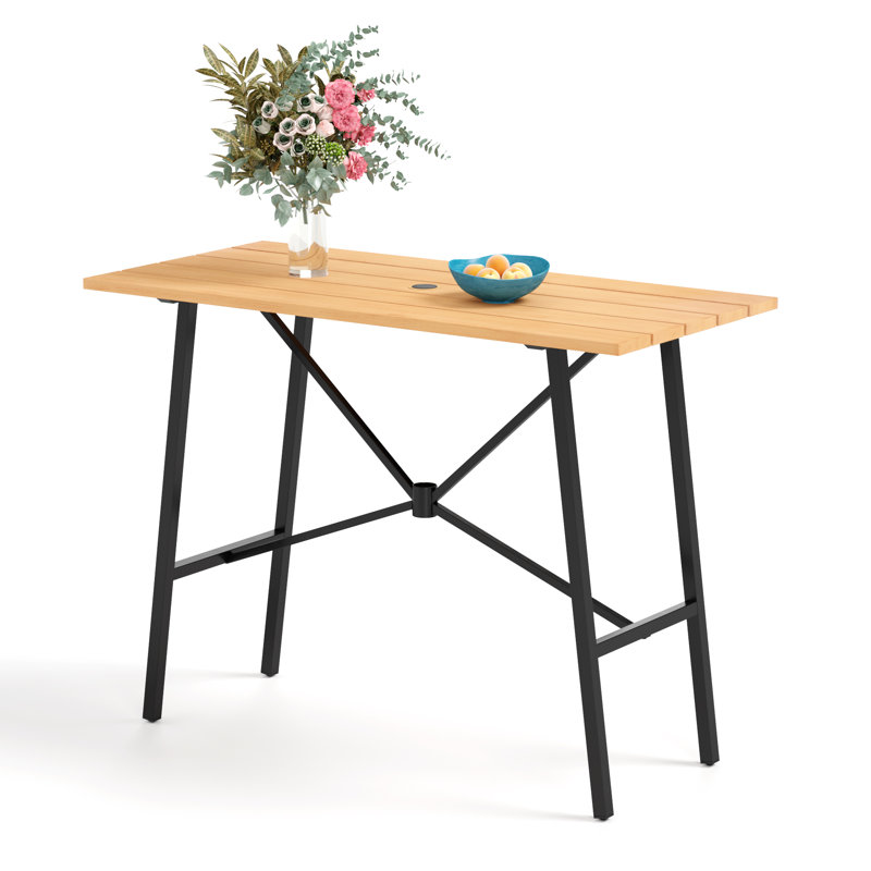 Alyne Rectangular Wood Metal Outdoor Bar Table With Umbrella Hole , 55.1'' in. W 26'' in. D