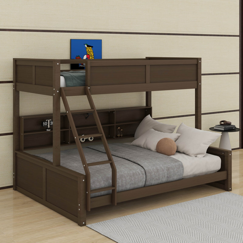 Twin XL Over Queen Bunk Bed With Storage Cabinets And USB Ports, Antique Wood Color
