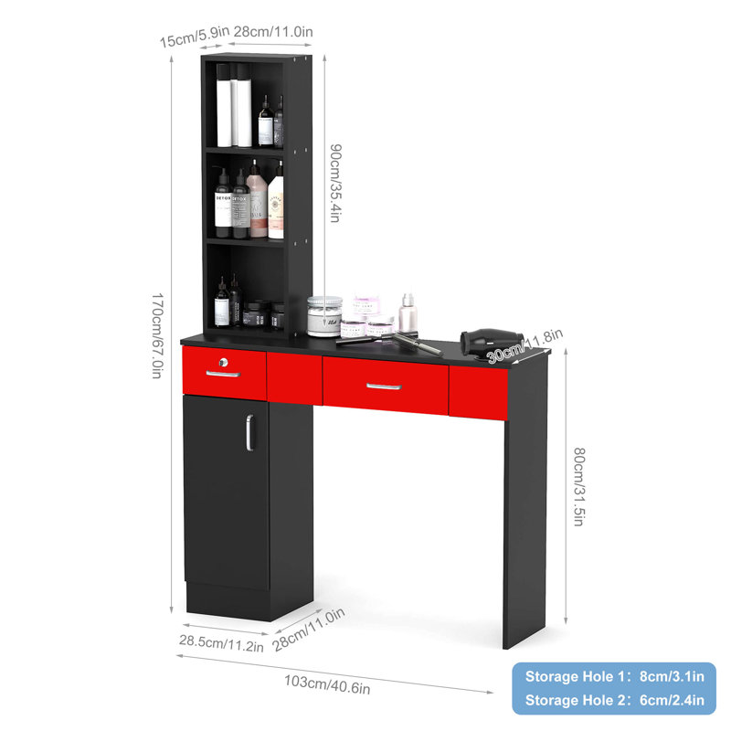 Meghana Makeup Vanity Salon Stations for Hair Stylist Locking Wall Mount Barber Station, 67'' H X 11.8'' W X 40.6'' D