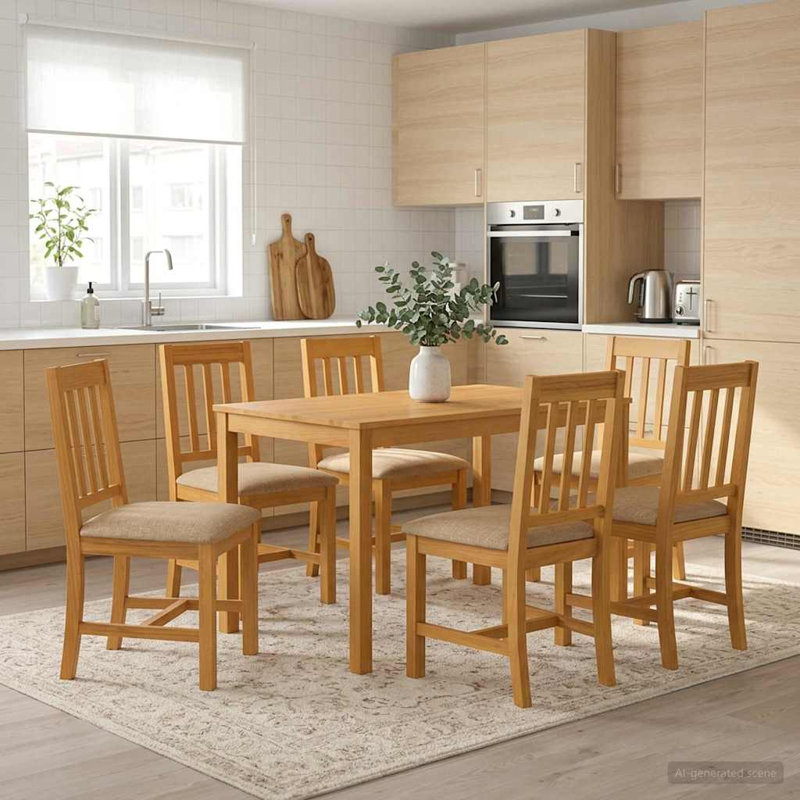 6 -Person Oak Solid Wood Dining Set, Beige, Beige, Beige, Beige