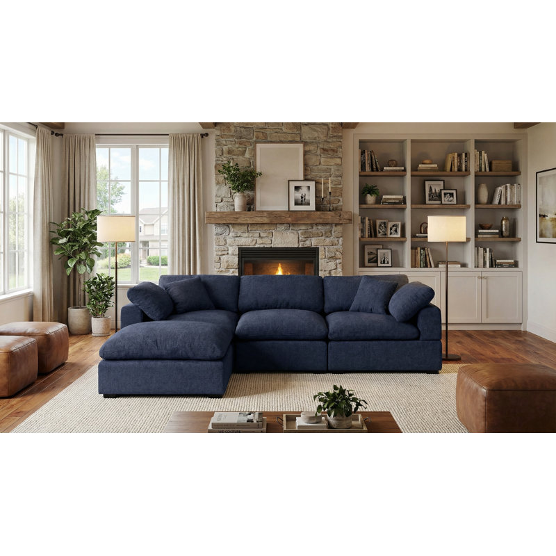 Caylob 4 - Piece 111.5" W Modular Sectional Upholstered Chenille L Shaped Couch With Reversible Ottoman, Navy Chenille