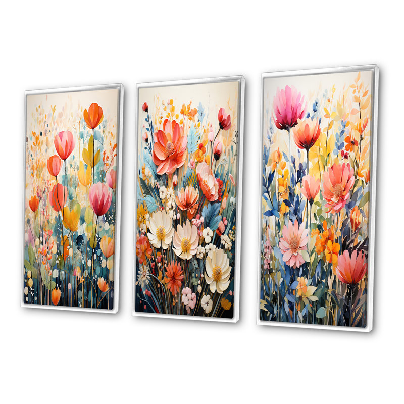 «Multicolored Flowers Collage III», 3 pièces sur toile, Cadre flottant blanc, H 28 po x l 36 po