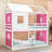 Wooden House Bunk Bed With Roll‑Up Tent, Guardrails And Ladder-2139205925-2139205924