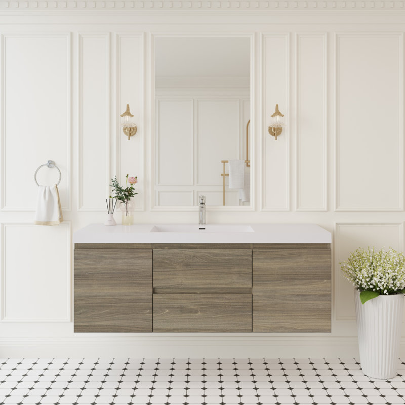 Meuble-lavabo flottant moderne avec lavabo à surface solide pour un rangement élégant dans la salle de bain