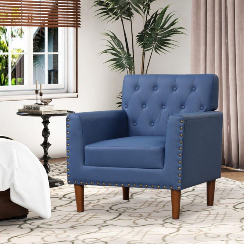 Chaise d'appoint Mid-Century moderne avec décoration capitonnée et rivets, Bleu
