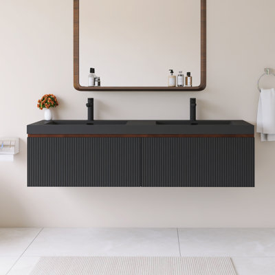 60'' Wall Mounted Single Bathroom Vanity With Black Quartz Sand Basin