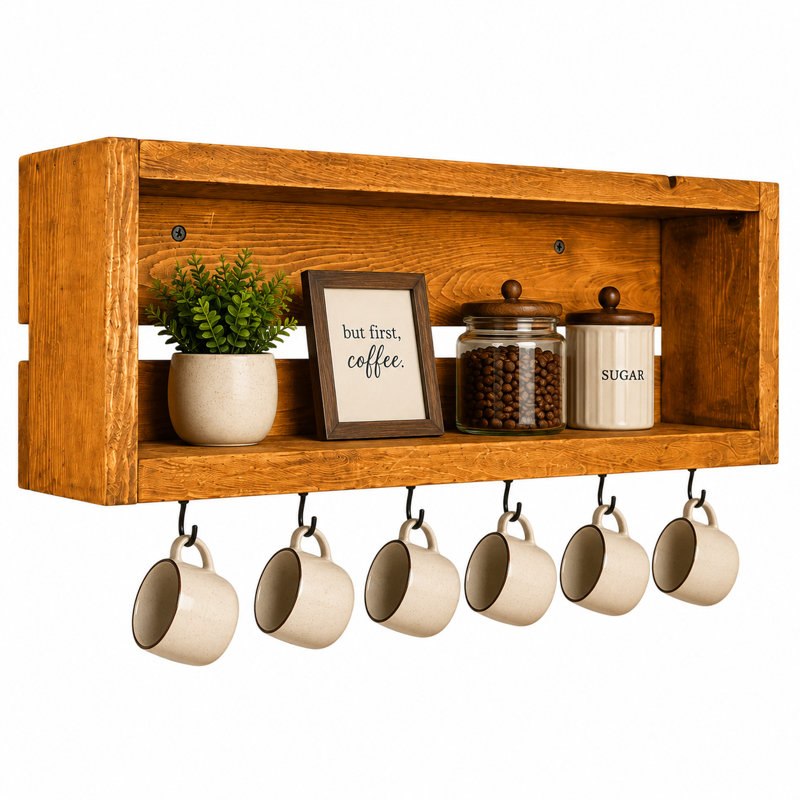 Rustic Mug Holder with Storage Hooks Coffee/Tea Bar Wall Organizer, 30 Inch Width, Golden Oak
