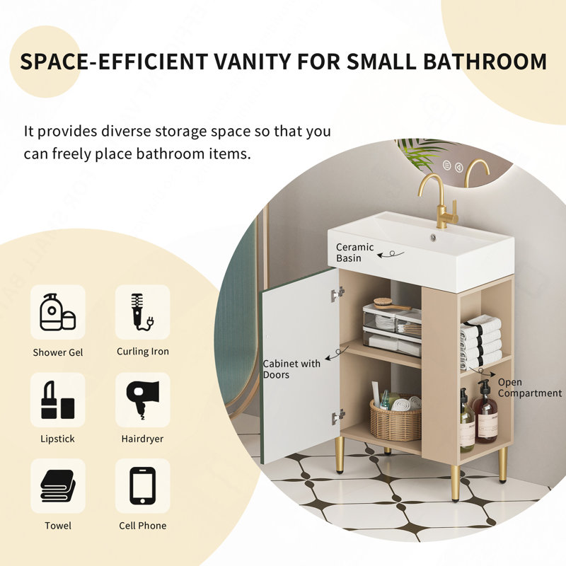 Meuble-lavabo à tablettes ouvertes avec lavabo en céramique et porte à fermeture en douceur, armoire de rangement à tablettes ouvertes sur le côté droit, assemblage requis