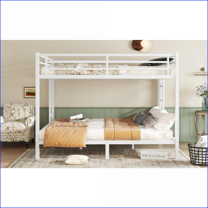 Queen Over Queen Metal Bunk Bed for Teens &amp; Adults - Space-Saving, Noise-Free, No Box Spring Needed, White, White