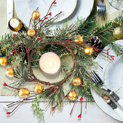 2pcs Candle Rings, Artificial Norfolk Pine Wreath with Golden Berries, Small Boho Wreath Pillar Candle Holder for Winter Wedding Home Door Fireplace Mantel Tabletop Centerpiece Decoration, Wedding Decor