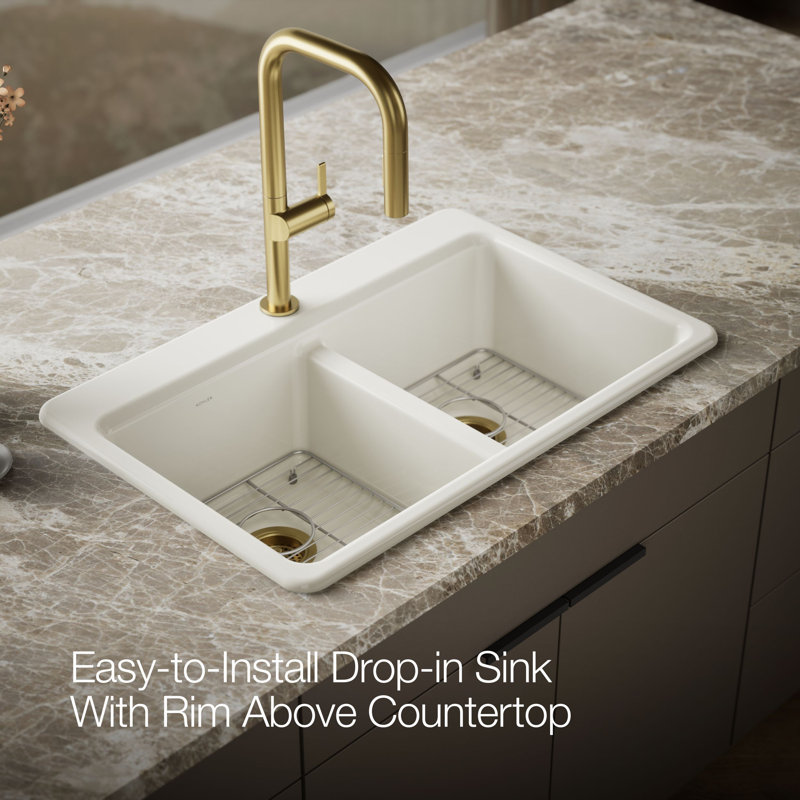 Riverby 33 In. Top-Mount Double-Bowl Kitchen Sink, Biscuit, Double-equal bowls, 1 hole
