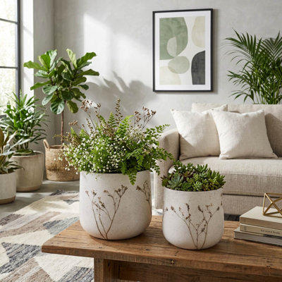 Stylish Metal Flower Pot Planters with Botanical Detailing - Home Decor Accent for Indoor Living Room and Outdoor Patio Styling - Set of 2, 11",9", Ivory