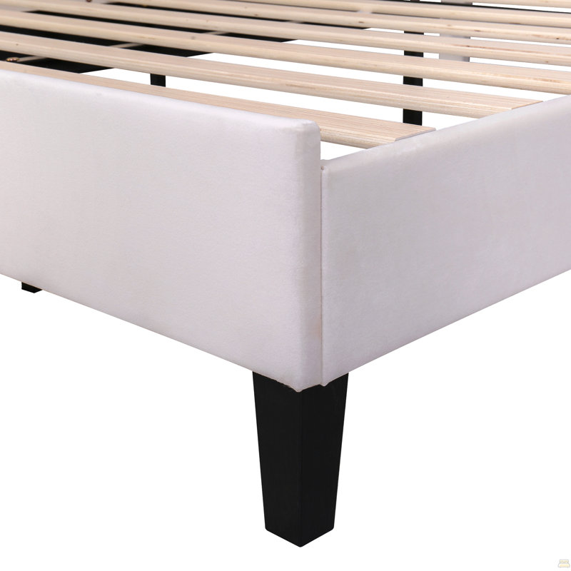 Lit plateforme tapissier double avec tête de lit en velours à motif floral, Beige, Full