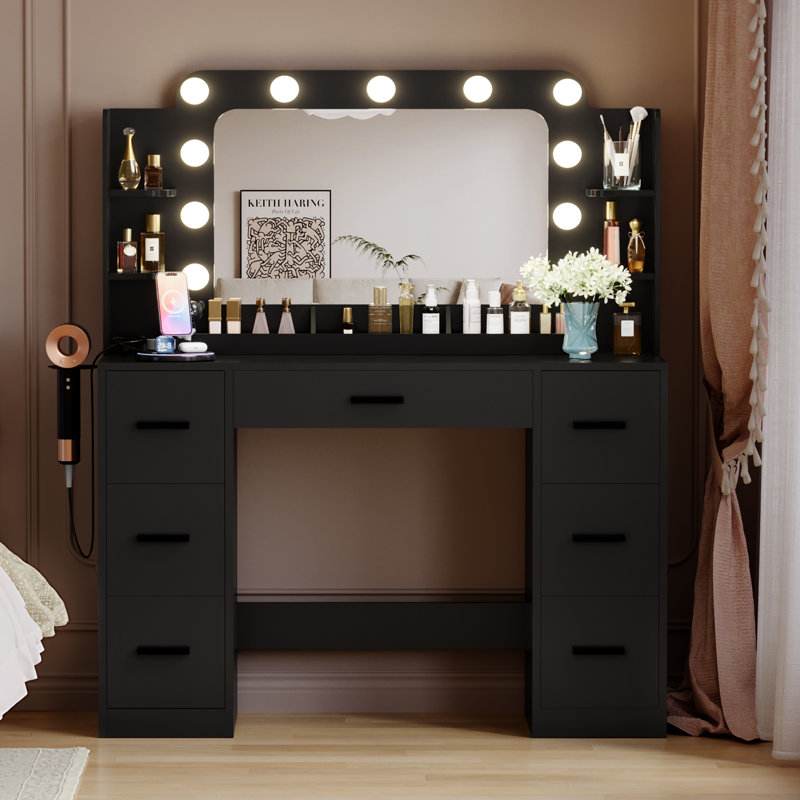 Modern Makeup Vanity With 7 Spacious Drawers, 3-zone Desktop Storage, Hair Dryer Rack, 4 Shelves, Led Mirror And Power Outlet